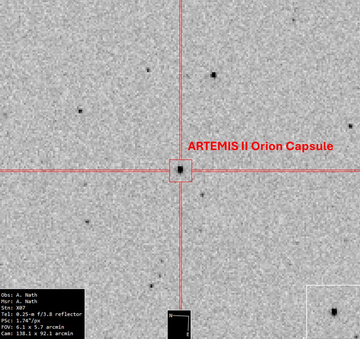 Orion spacecraft in telescope crosshairs